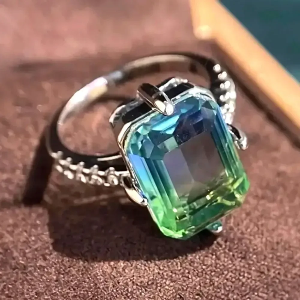 Blue/Green Tourmaline Ring, 14K White Gold Plated Double Color Gemstone Sz 6